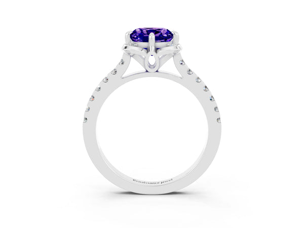 Platinum Cushion Cut Tanzanite Ring with Pavé Band and Floral Prong Setting