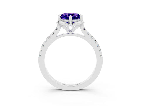 White gold Cushion Cut Tanzanite Ring with Pavé Band and Floral Prong Setting_3