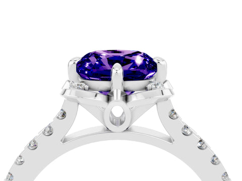 White gold Cushion Cut Tanzanite Ring with Pavé Band and Floral Prong Setting_4