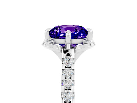 White gold Cushion Cut Tanzanite Ring with Pavé Band and Floral Prong Setting_5
