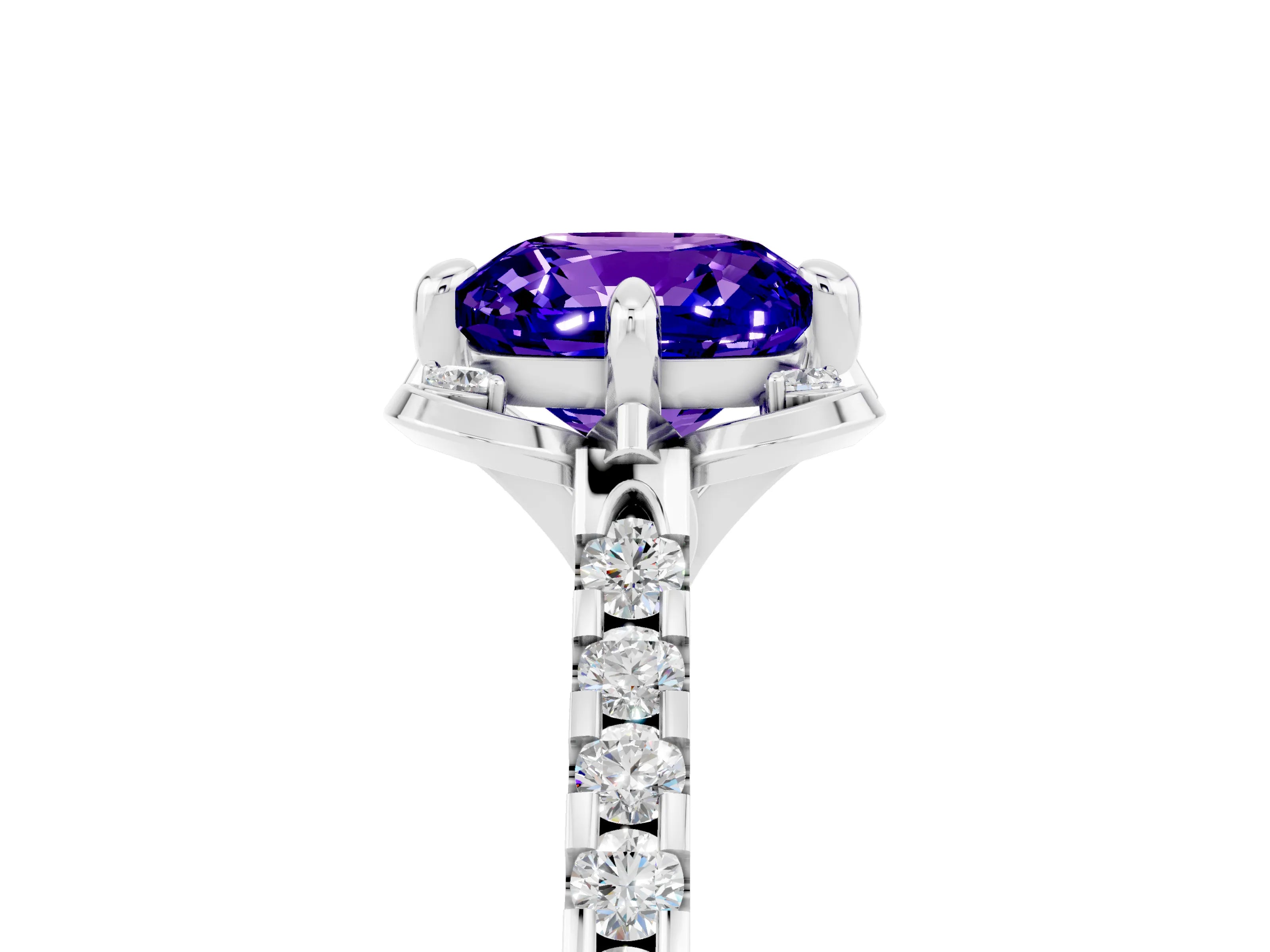 White gold Cushion Cut Tanzanite Ring with Pavé Band and Floral Prong Setting_5