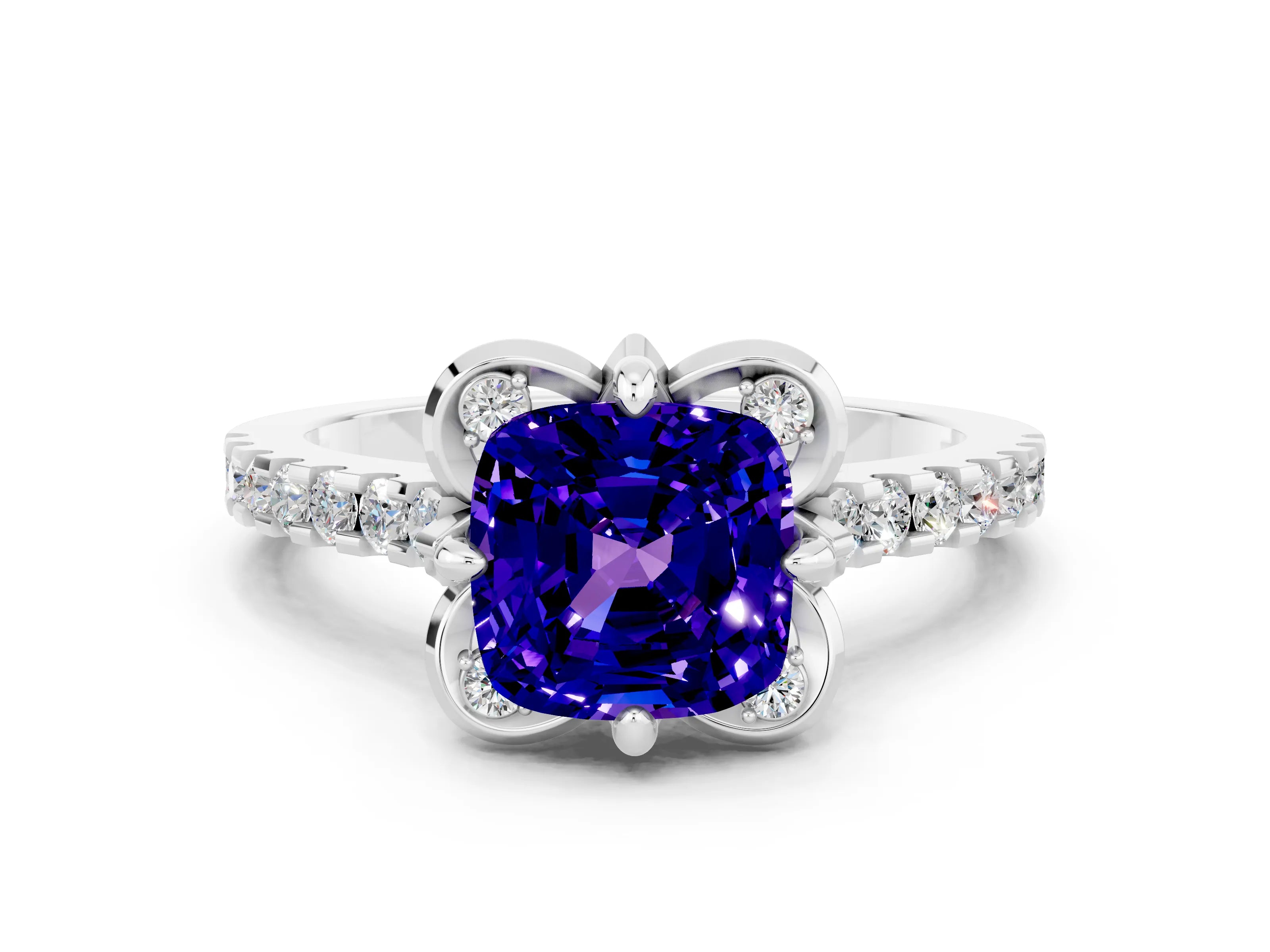 White gold Cushion Cut Tanzanite Ring with Pavé Band and Floral Prong Setting