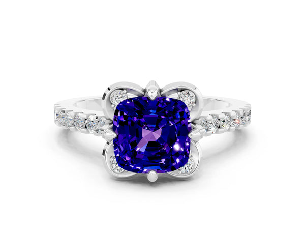 Silver Cushion Cut Tanzanite Ring with Pavé Band and Floral Prong Setting