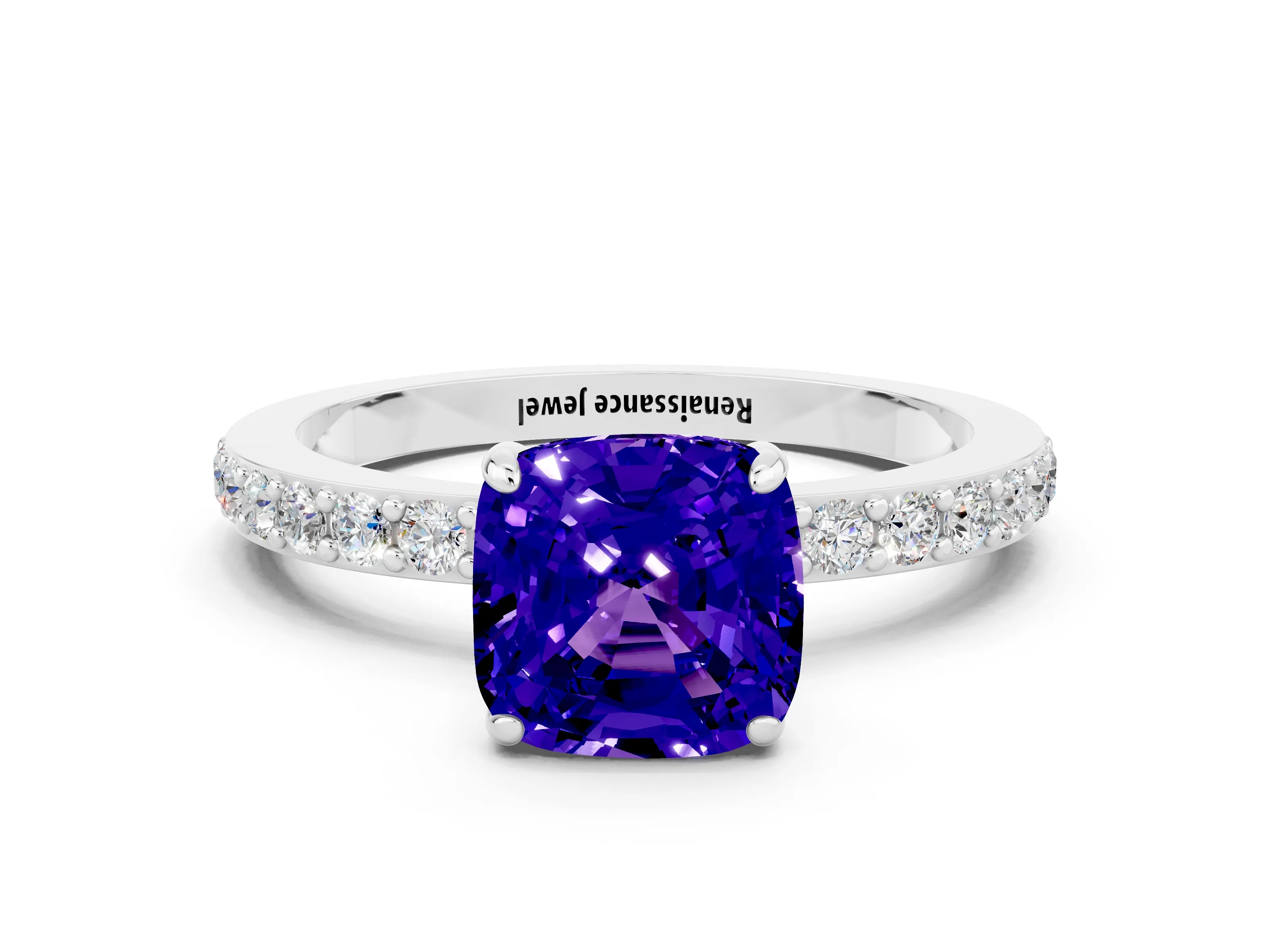 White gold Cushion Cut Tanzanite Ring with Pavé Band and Four-Prong Setting