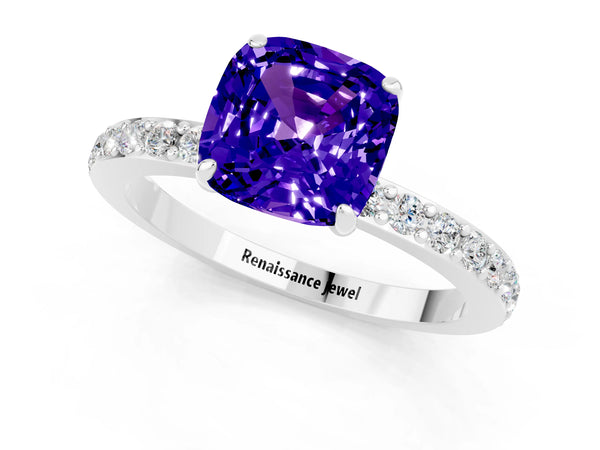 Silver Cushion Cut Tanzanite Pavé Engagement Ring with Round  Accents and Prong Setting