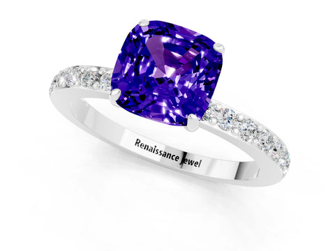 White gold Cushion Cut Tanzanite Ring with Pavé Band and Four-Prong Setting_1