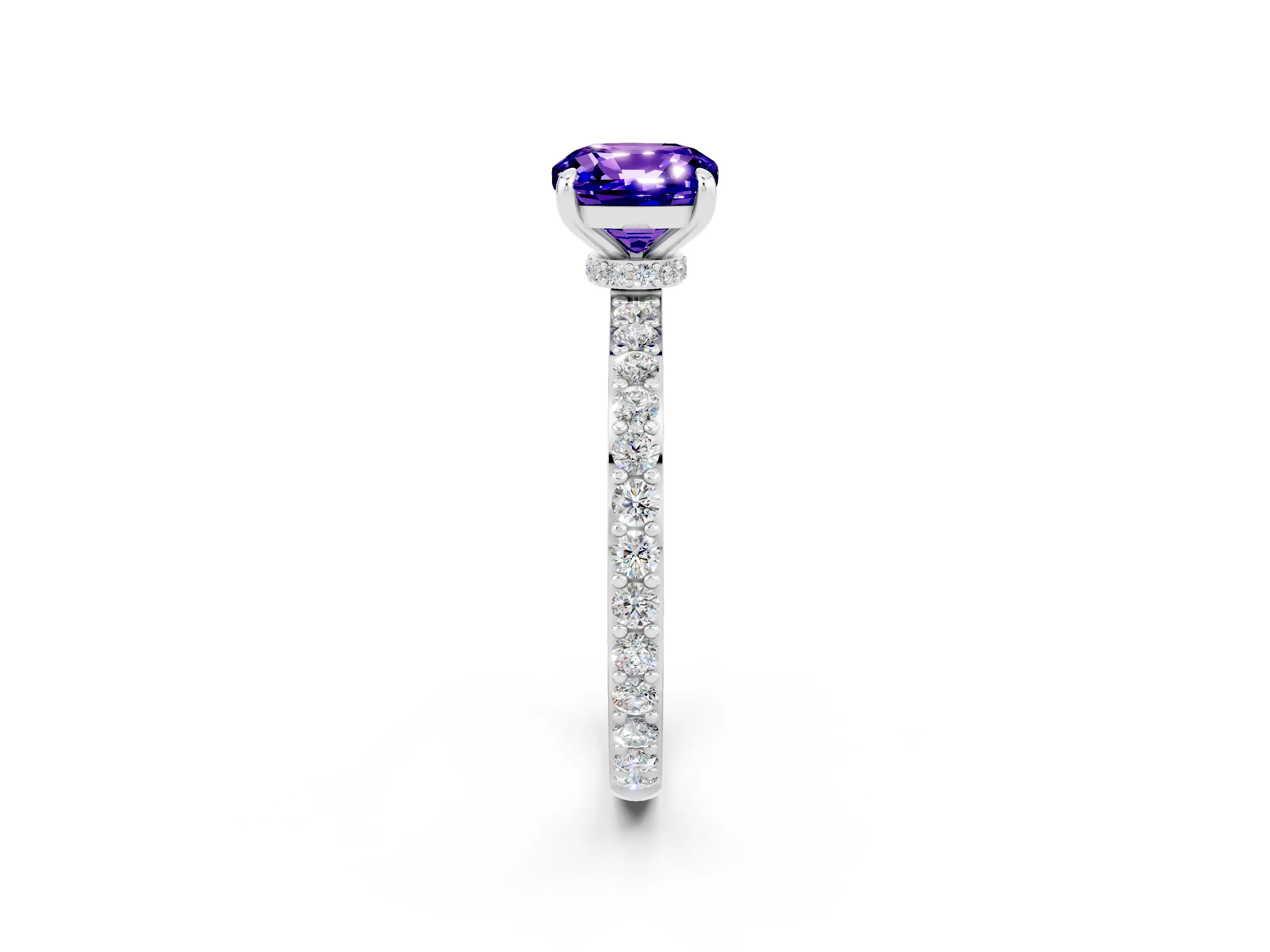 White gold Cushion Cut Tanzanite Ring with Pavé Band and Four-Prong Setting_2