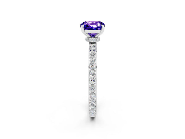 Platinum Cushion Cut Tanzanite Pavé Engagement Ring with Round  Accents and Prong Setting