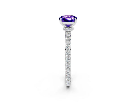 White gold Cushion Cut Tanzanite Ring with Pavé Band and Four-Prong Setting_2