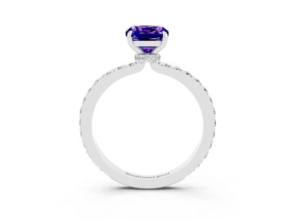 Platinum Cushion Cut Tanzanite Pavé Engagement Ring with Round  Accents and Prong Setting