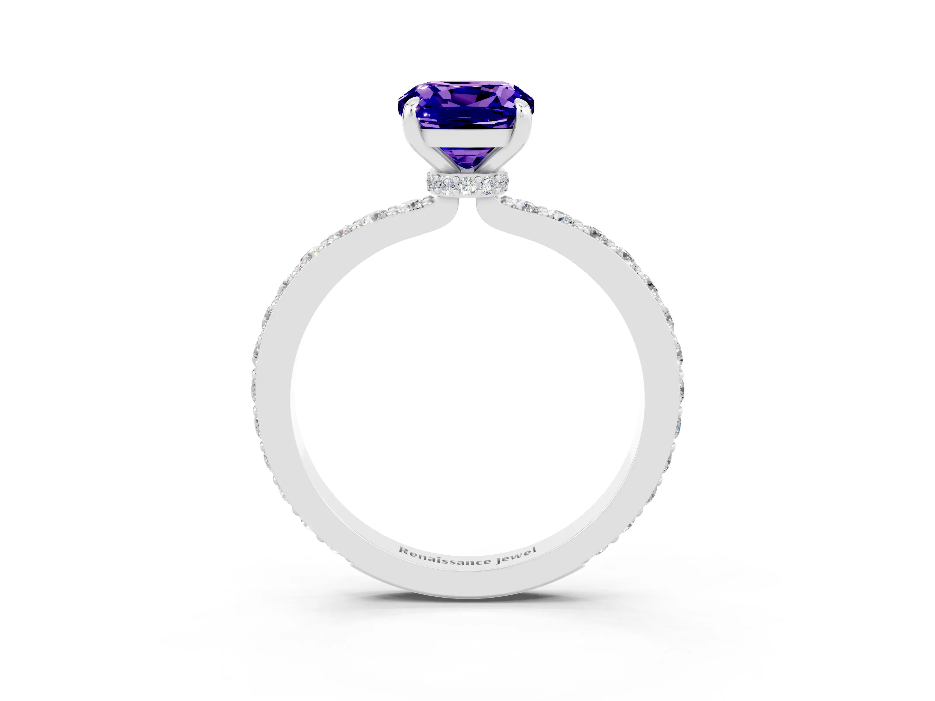 White gold Cushion Cut Tanzanite Ring with Pavé Band and Four-Prong Setting_3