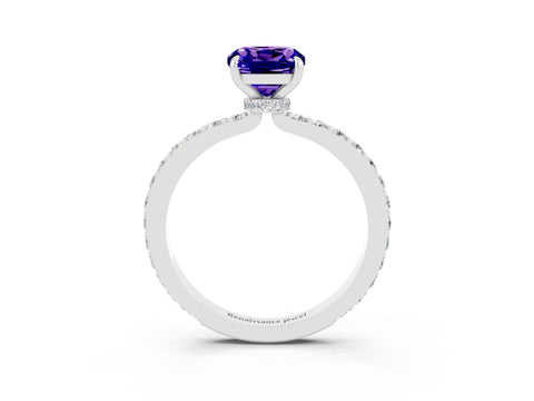 White gold Cushion Cut Tanzanite Ring with Pavé Band and Four-Prong Setting_3