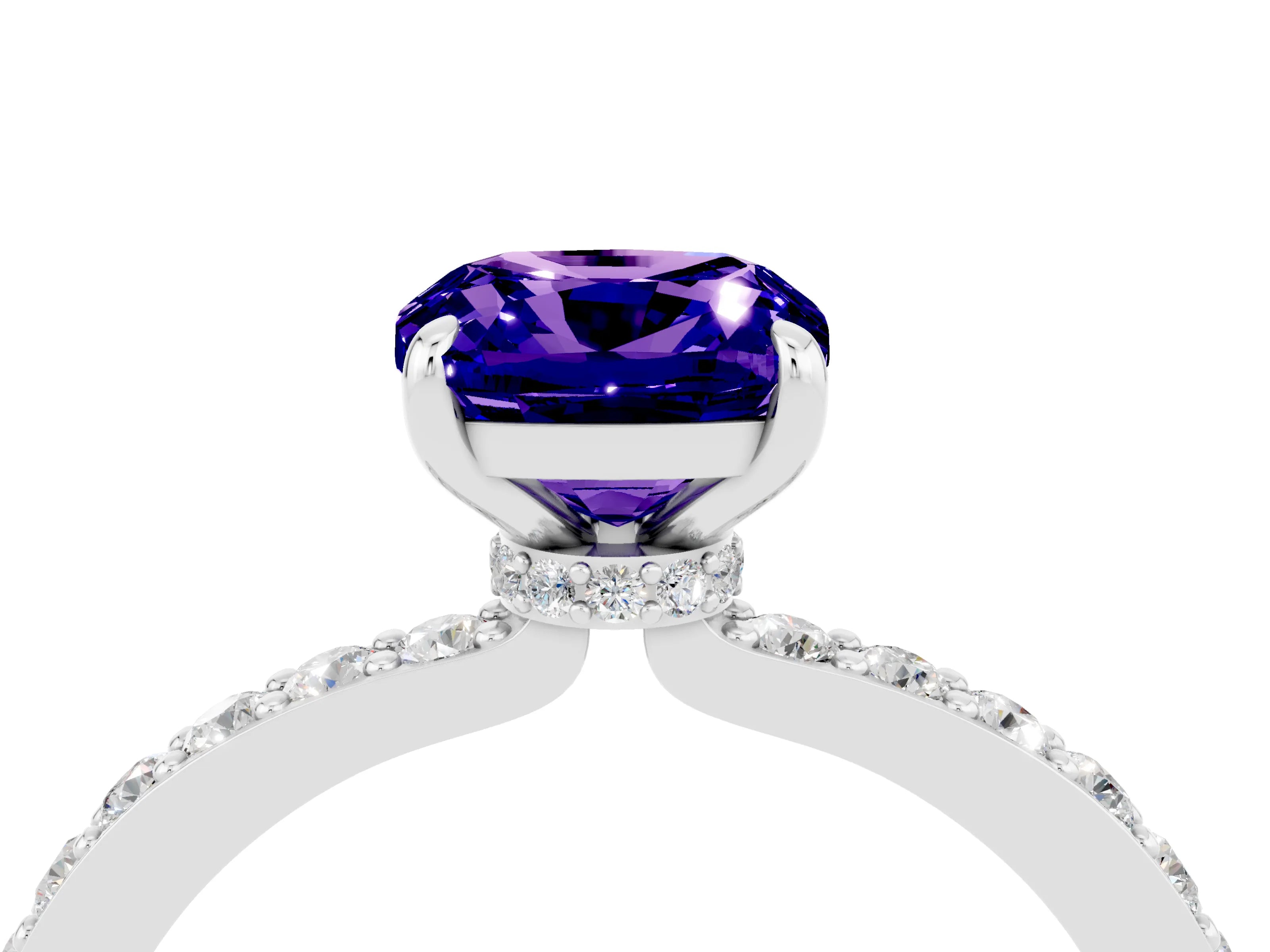 White gold Cushion Cut Tanzanite Ring with Pavé Band and Four-Prong Setting_4