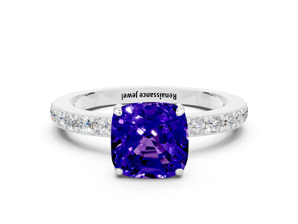 White gold Cushion Cut Tanzanite Pavé Engagement Ring with Round  Accents and Prong Setting