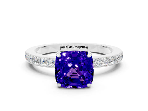White gold Cushion Cut Tanzanite Ring with Pavé Band and Four-Prong Setting