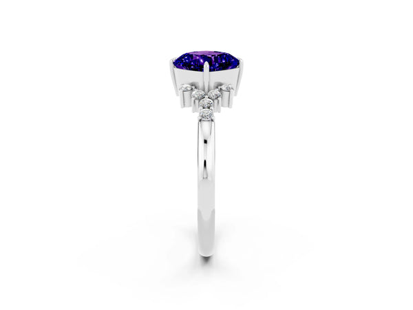 Silver Cushion Cut Tanzanite Ring with Side Stones and Four-Prong Setting