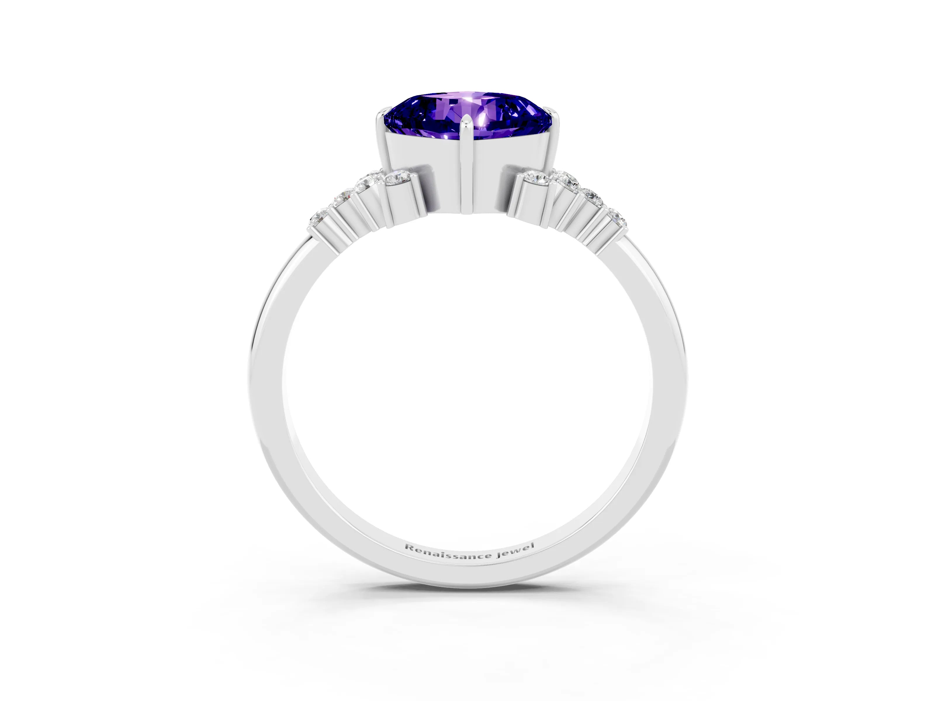 White gold Cushion Cut Tanzanite Ring with Side Stones and Four-Prong Setting_39