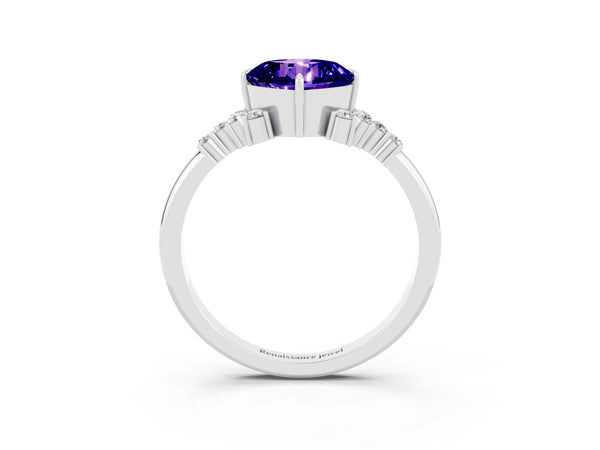 Silver Cushion Cut Tanzanite Ring with Side Stones and Four-Prong Setting