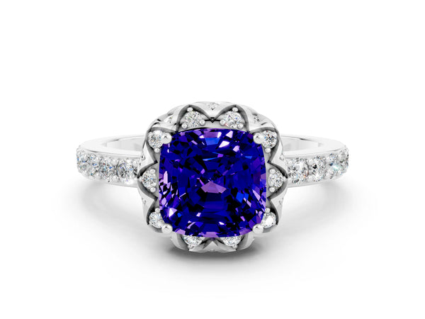 Silver Cushion Cut Tanzanite Scalloped Halo Engagement Ring with Round Shared Prong Band