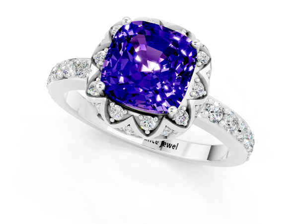 White gold Cushion Cut Tanzanite Scalloped Halo Engagement Ring with Round Shared Prong Band