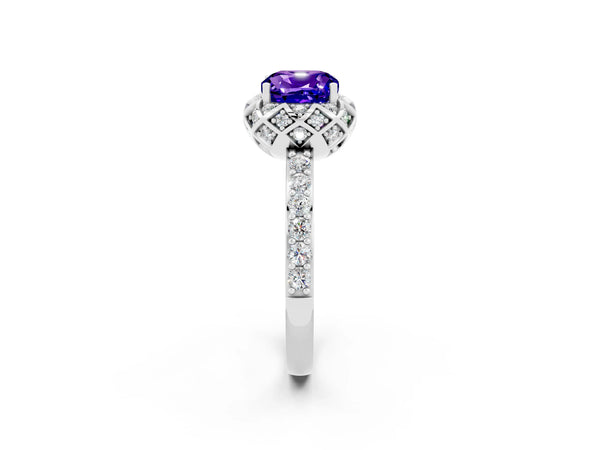 White gold Cushion Cut Tanzanite Scalloped Halo Engagement Ring with Round Shared Prong Band