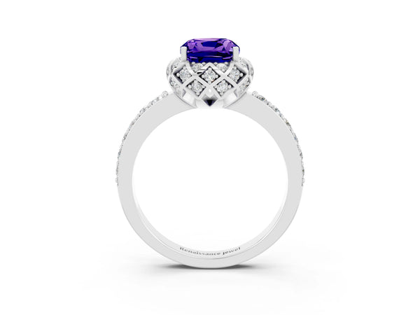 Platinum Cushion Cut Tanzanite Scalloped Halo Engagement Ring with Round Shared Prong Band