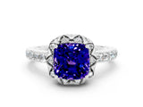 White gold Cushion Cut Tanzanite Scalloped Halo Engagement Ring with Round Shared Prong Band_24