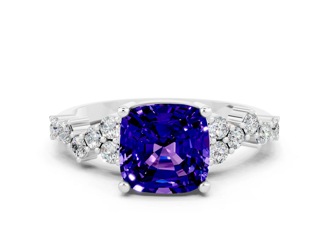 White gold Cushion Cut Tanzanite Scattered Round Accent Ring with Prong Setting_48