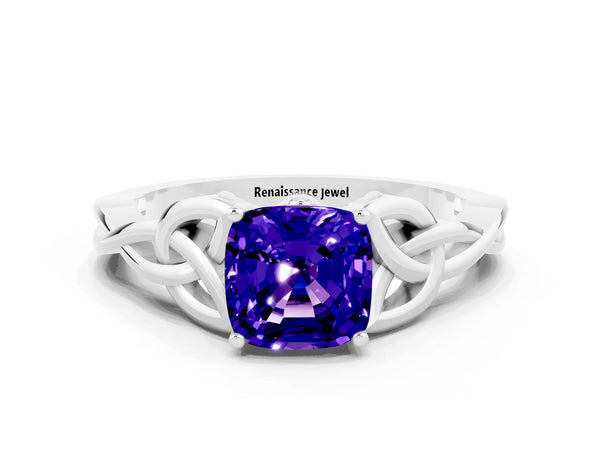 Platinum Cushion Cut Tanzanite Solitaire Celtic Knot Ring with Four-Prong Setting