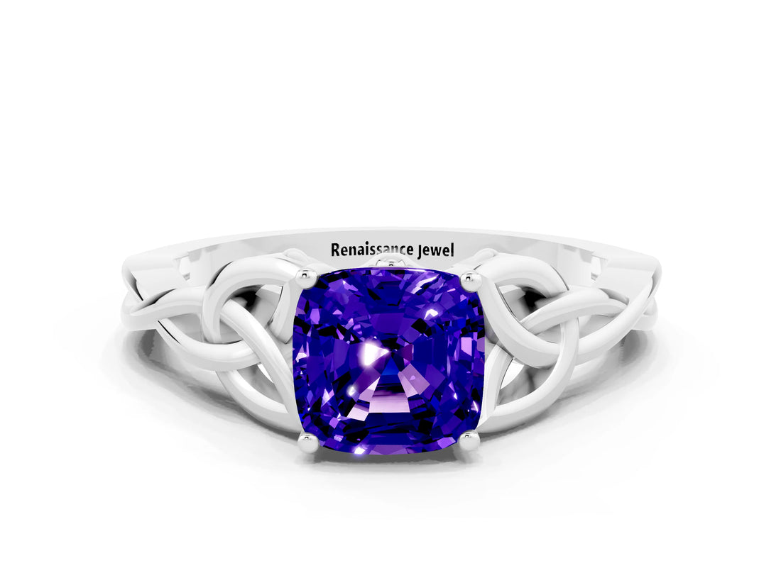 White gold Cushion Cut Tanzanite Solitaire Celtic Knot Ring with Four-Prong Setting_12