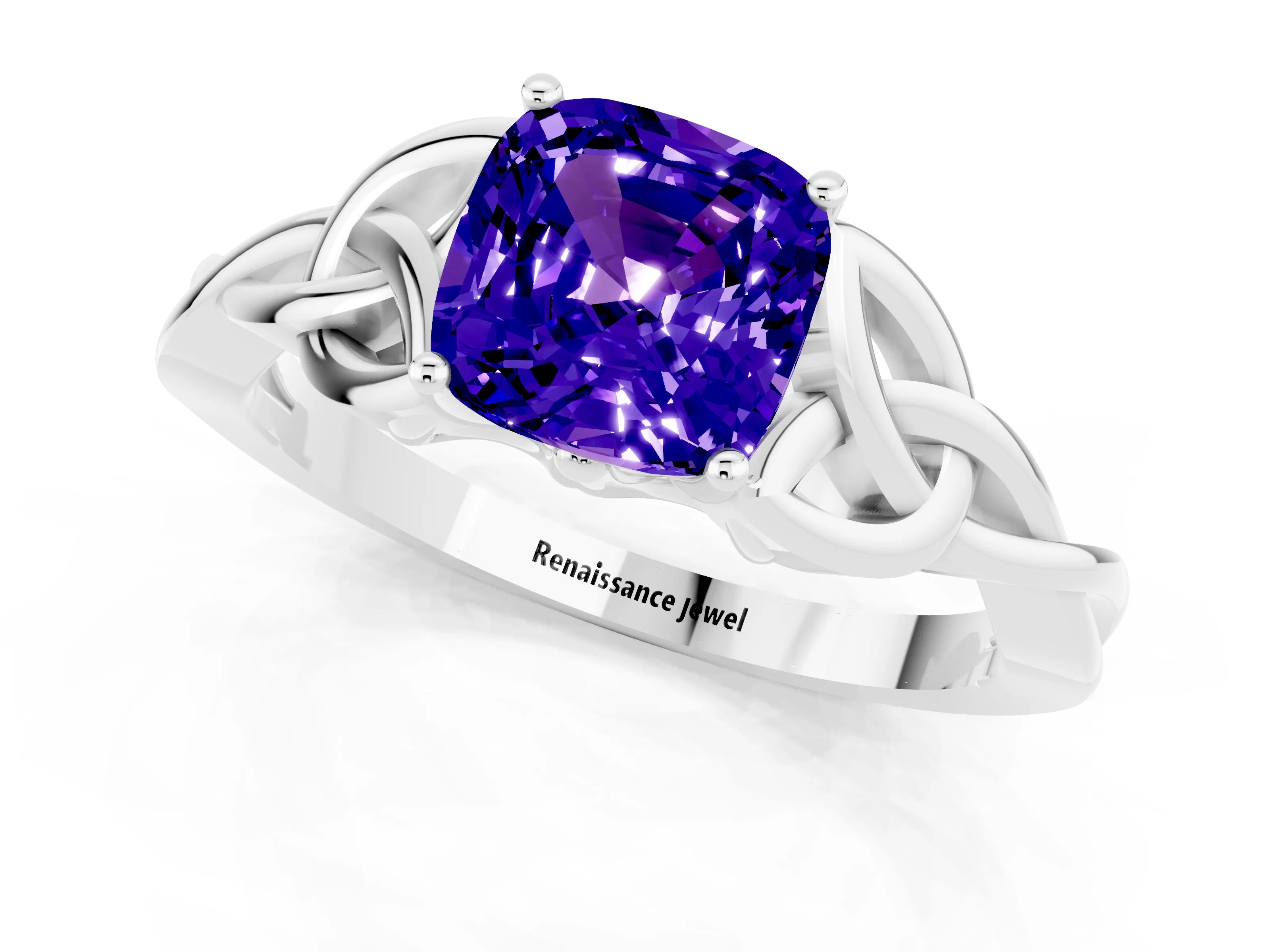 White gold Cushion Cut Tanzanite Solitaire Celtic Knot Ring with Four-Prong Setting_13