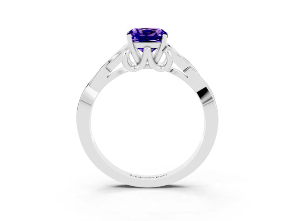 Platinum Cushion Cut Tanzanite Solitaire Celtic Knot Ring with Four-Prong Setting