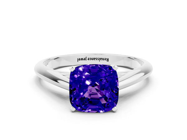 Silver Cushion Cut Tanzanite Solitaire Engagement Ring with Cathedral Setting and Four-Prong Mount