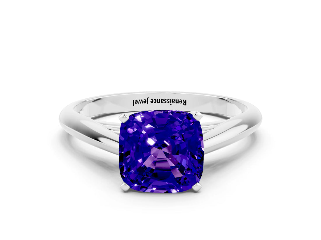 White gold Cushion Cut Tanzanite Solitaire Engagement Ring with Cathedral Setting and Four-Prong Mount_138