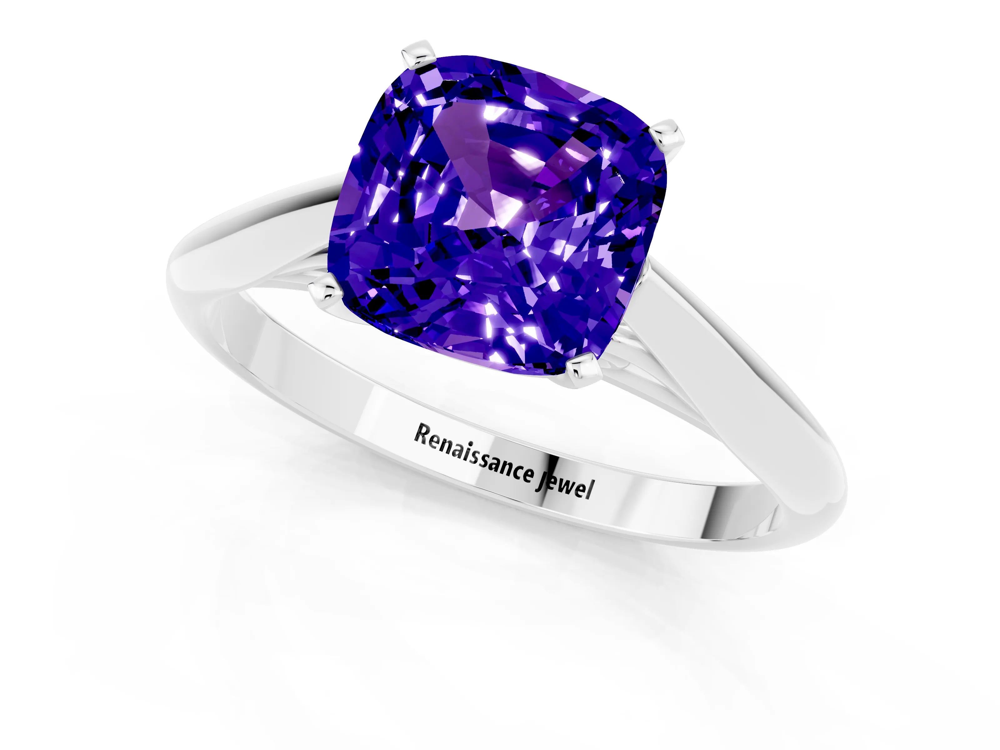 White gold Cushion Cut Tanzanite Solitaire Engagement Ring with Cathedral Setting and Four-Prong Mount_13