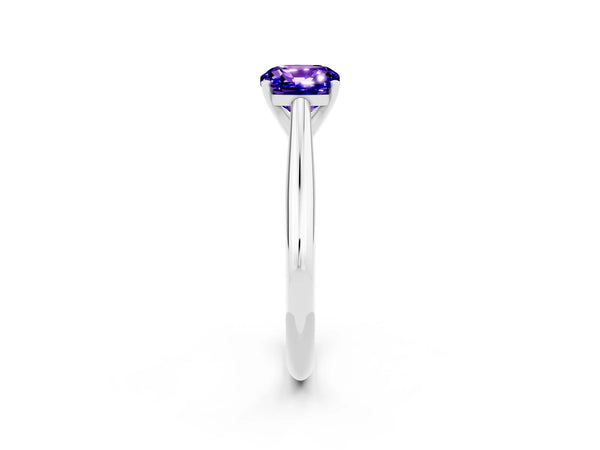 Silver Cushion Cut Tanzanite Solitaire Engagement Ring with Cathedral Setting and Four-Prong Mount