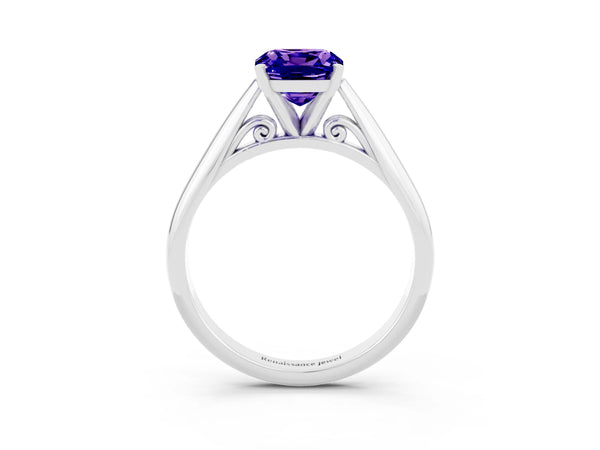 Platinum Cushion Cut Tanzanite Solitaire Engagement Ring with Cathedral Setting and Four-Prong Mount