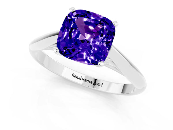 White gold Cushion Cut Tanzanite Solitaire Engagement Ring with Cathedral Setting and Four-Prong Mount