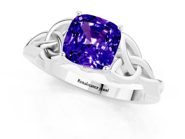 Platinum Cushion Cut Tanzanite Solitaire Engagement Ring with Celtic Knot Band and Four-Prong Setting