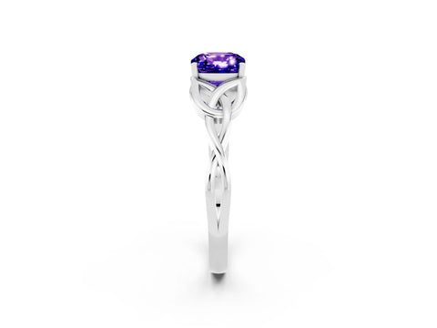 White gold Cushion Cut Tanzanite Solitaire Engagement Ring with Celtic Knot Band and Four-Prong Setting_2