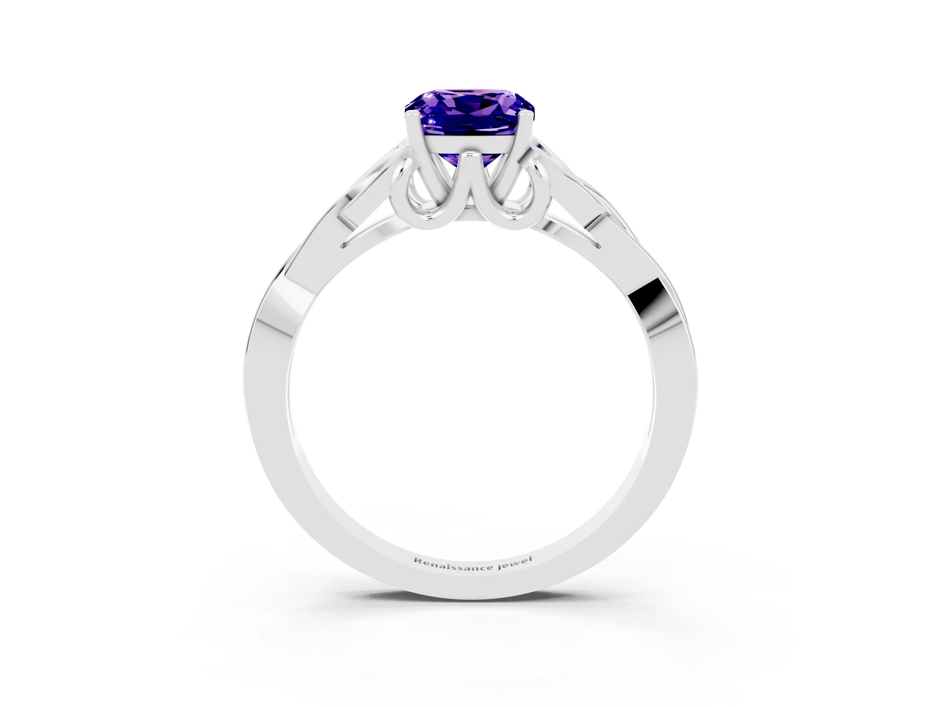 White gold Cushion Cut Tanzanite Solitaire Engagement Ring with Celtic Knot Band and Four-Prong Setting_3