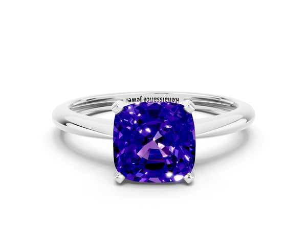 White gold Cushion Cut Tanzanite Solitaire Engagement Ring with Classic Band and Four-Prong Setting