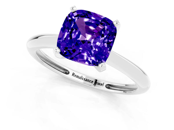 White gold Cushion Cut Tanzanite Solitaire Engagement Ring with Classic Band and Four-Prong Setting