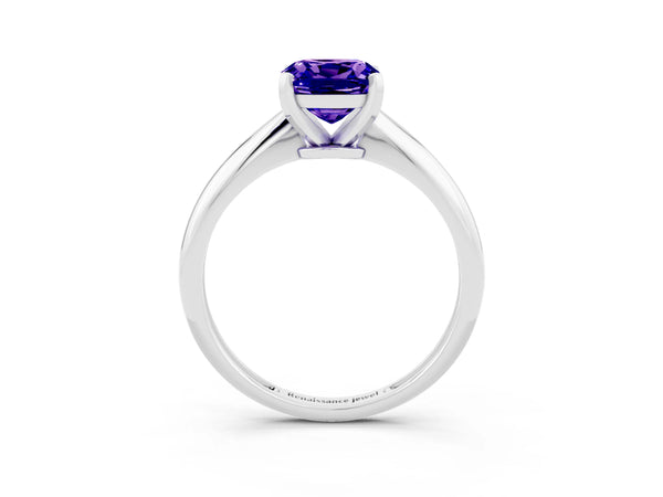 White gold Cushion Cut Tanzanite Solitaire Engagement Ring with Classic Band and Four-Prong Setting