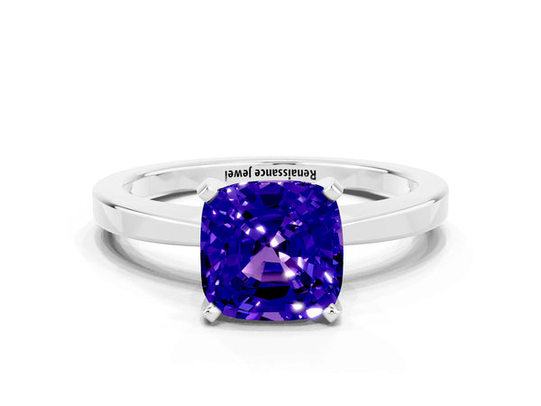 White gold Cushion Cut Tanzanite Solitaire Engagement Ring with Classic Band and Four-Prong Setting