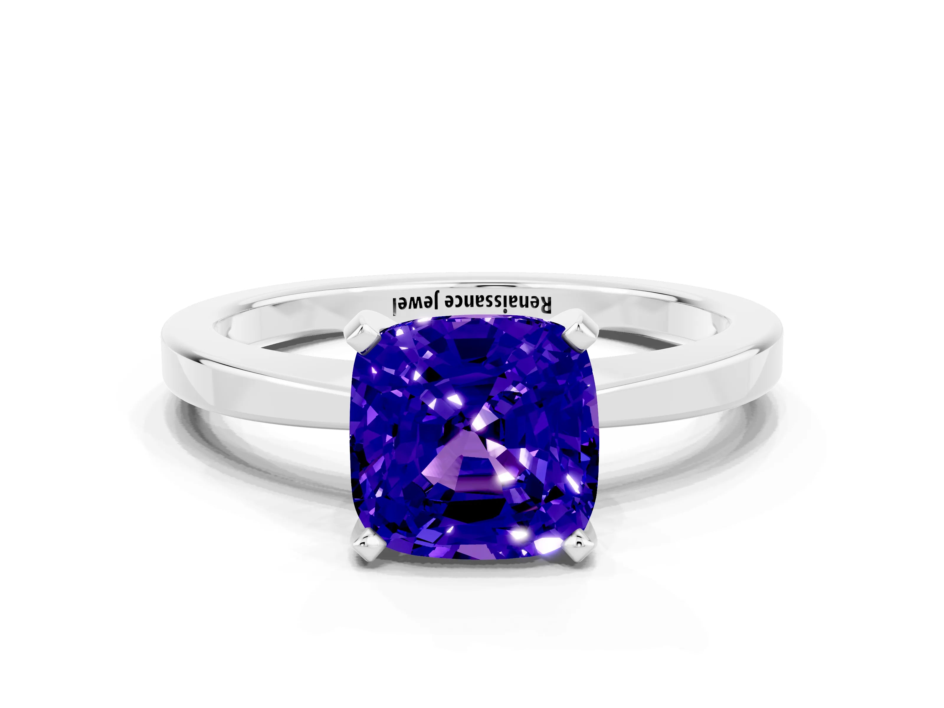 White gold Cushion Cut Tanzanite Solitaire Engagement Ring with Classic Band and Four-Prong Setting_24