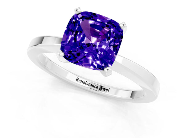 Platinum Cushion Cut Tanzanite Solitaire Engagement Ring with Classic Band and Four-Prong Setting