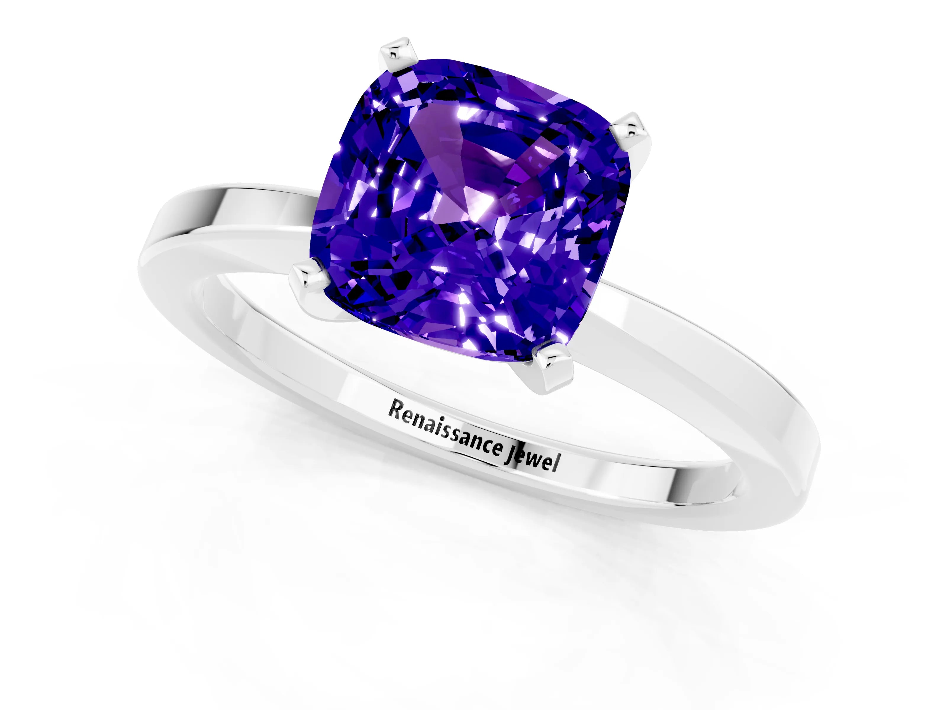 White gold Cushion Cut Tanzanite Solitaire Engagement Ring with Classic Band and Four-Prong Setting_25