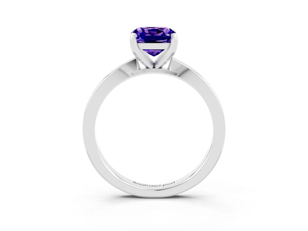 Silver Cushion Cut Tanzanite Solitaire Engagement Ring with Classic Band and Four-Prong Setting