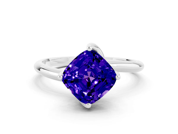 Platinum Cushion Cut Tanzanite Solitaire Engagement Ring with Four-Prong Setting and Classic Band